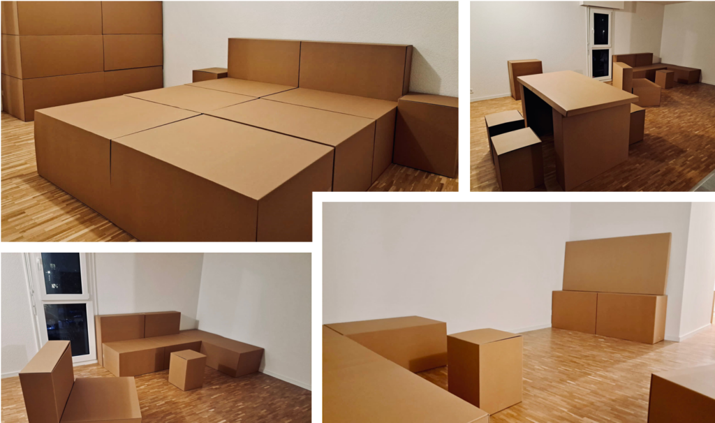 Mobilier en carton recyclé et recyclable, naturel, biodégradable, durable, écologique, construction respectueuse de l'environnement avec une réduction d’émission de CO2 considérable, avantageux en termes d'empreinte écologique, solution légère, facile à monter et à transporter, un geste pour la planète, une image éco-responsable, innovante et moderne, en accord avec les valeurs écologiques, non à la pollution en plastique